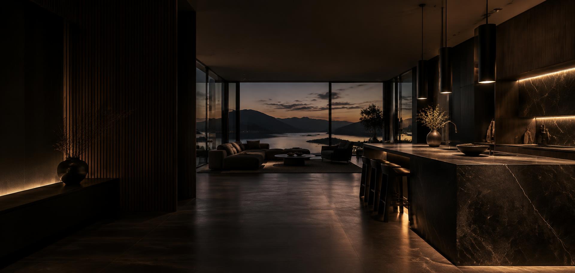 Mörkt arkitektritat kök med köksö i natursten och varm indirekt belysning